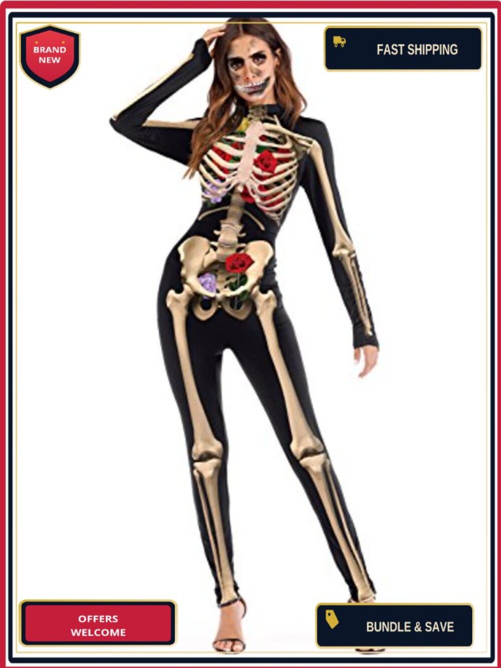 Women's Skull Skeleton Halloween Costume Jumpsuit Bodysuit Cosplay Outfit